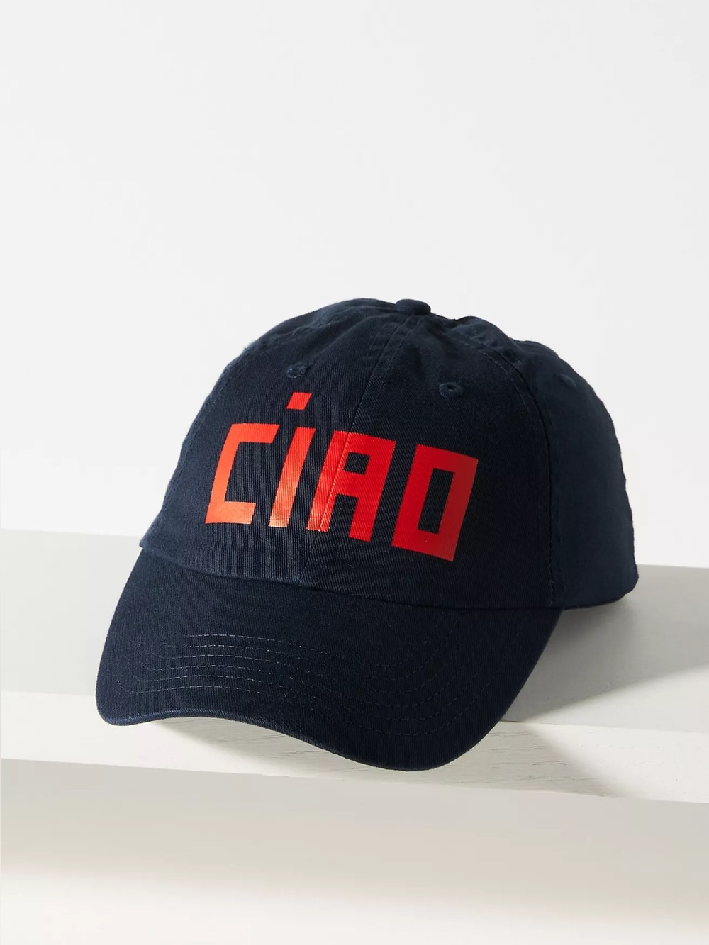 Clare V. Ciao Baseball Cap red block letters navy cotton canvas